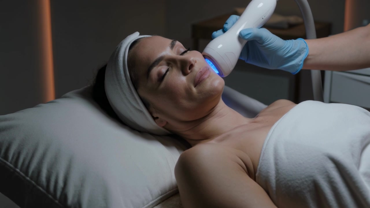 Handskebeklædt tekniker placerer og bevæger LED-håndstykke langs klientens kæbelinje på spa, pandebånd, behandler huden