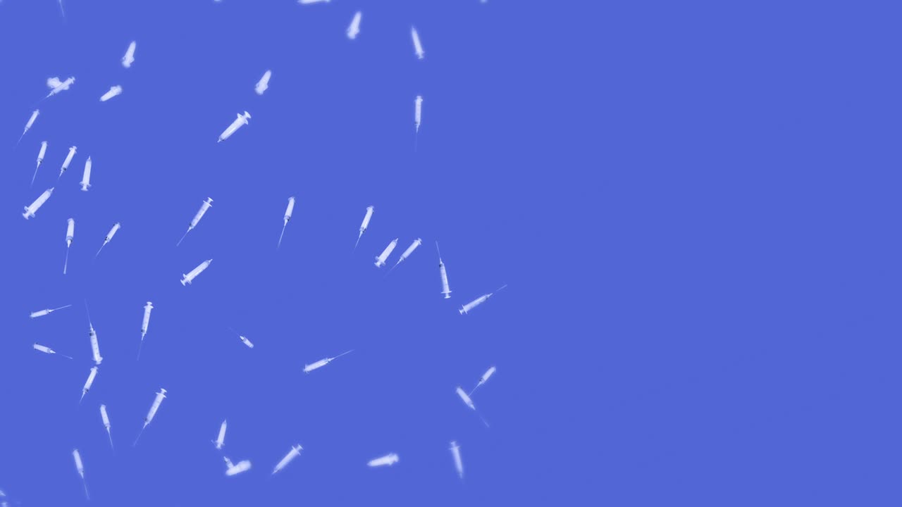 파란색 배경에 주사 할 수 있는 많은 주사기를 날리는 의료 개념 바이러스에 대한 백신 의료 치료 3d 루프 애니메이션