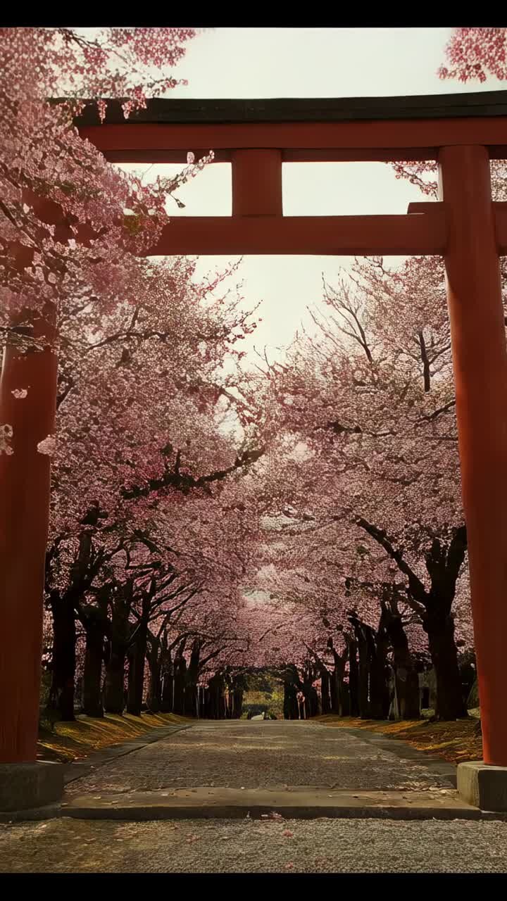 Video verticale: inquadratura del torii rosso, viale di ciliegi con petali mossi dalla brezza, coppia che cammina
