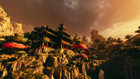 majestic asian temple nestled among mountains at sunset