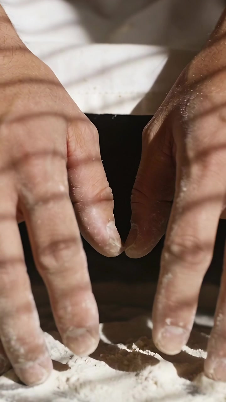 Vertical video: Lowering hands pressing flour in kitchen, shaping dough with visible white garment