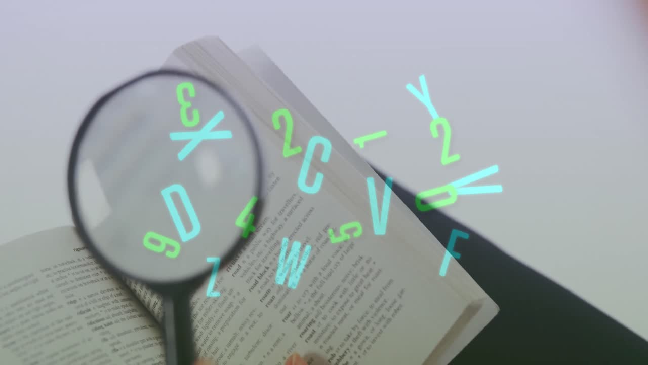 개방 된 책 에 있는 확대 유리 에 대하여 여러 번 변하는 숫자 와 알파 ⁇  의 디지털 구성