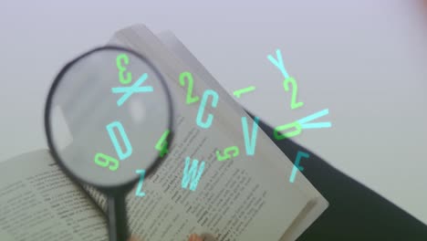 Digital-composition-of-multiple-changing-numbers-and-alphabets-against-magnifying-glass-on-open-book