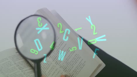 digital composition of multiple changing numbers and alphabets against magnifying glass on open book