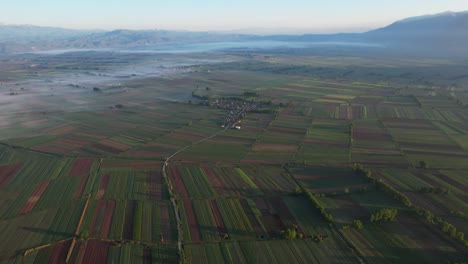 Luftaufnahme-Von-Lebendigen-Frühlingsparzellen-Am-Morgen,-Während-Sich-Der-Nebel-Von-Den-Landwirtschaftlichen-Feldern-In-Einer-Weiten-Luftaufnahme-Auflöst