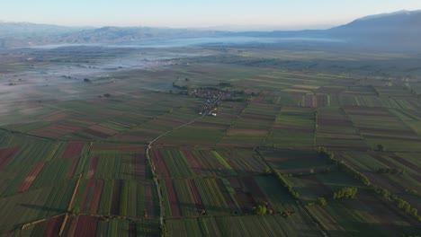 aerial vista of vibrant spring parcels in the morning as fog lifts from agricultural fields in wide aerial view