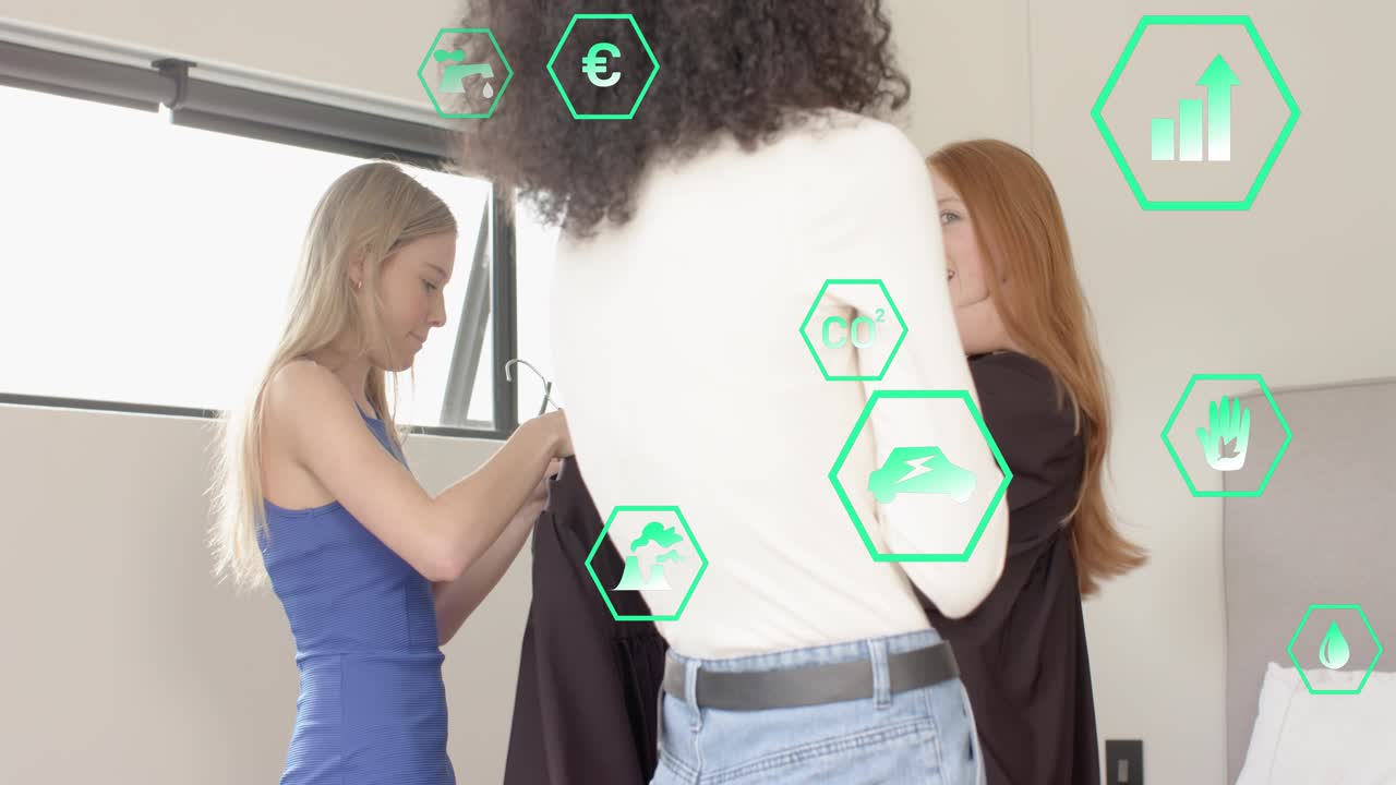 Helpers adjusting cap and gown, zipping, green hex overlay floating over grads during grad prep