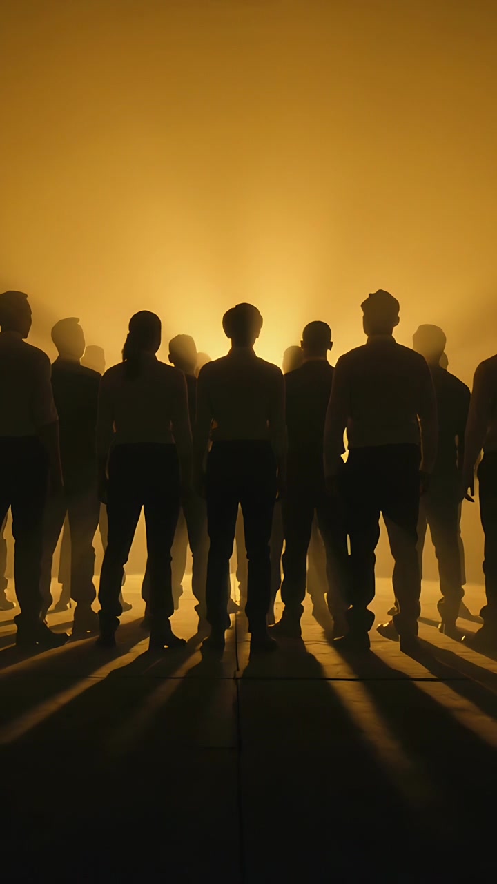 Video verticale: Un gruppo di adulti si forma e sale sul palco mentre una luce calda aumenta con foschia e ombre.