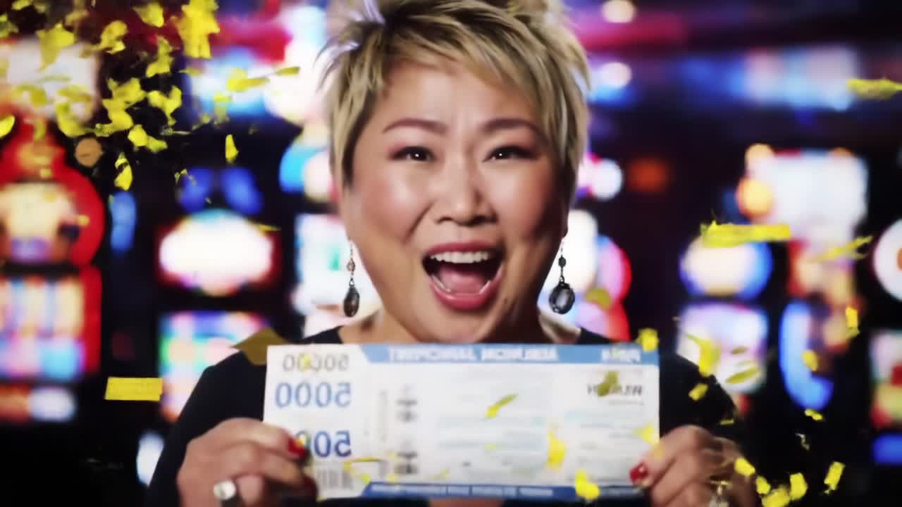 Joyful Celebration: A Woman Radiates Happiness Amid Colorful Casino Lights While Holding Winning Tickets, Capturing the Thrill of Victory and Excitement in Gambling Atmosphere