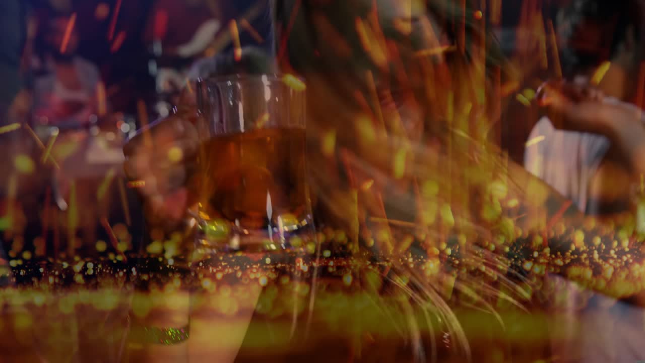 Woman raising beer mug in bar camera zooming as golden sparks rising, dancing for nightlife promo