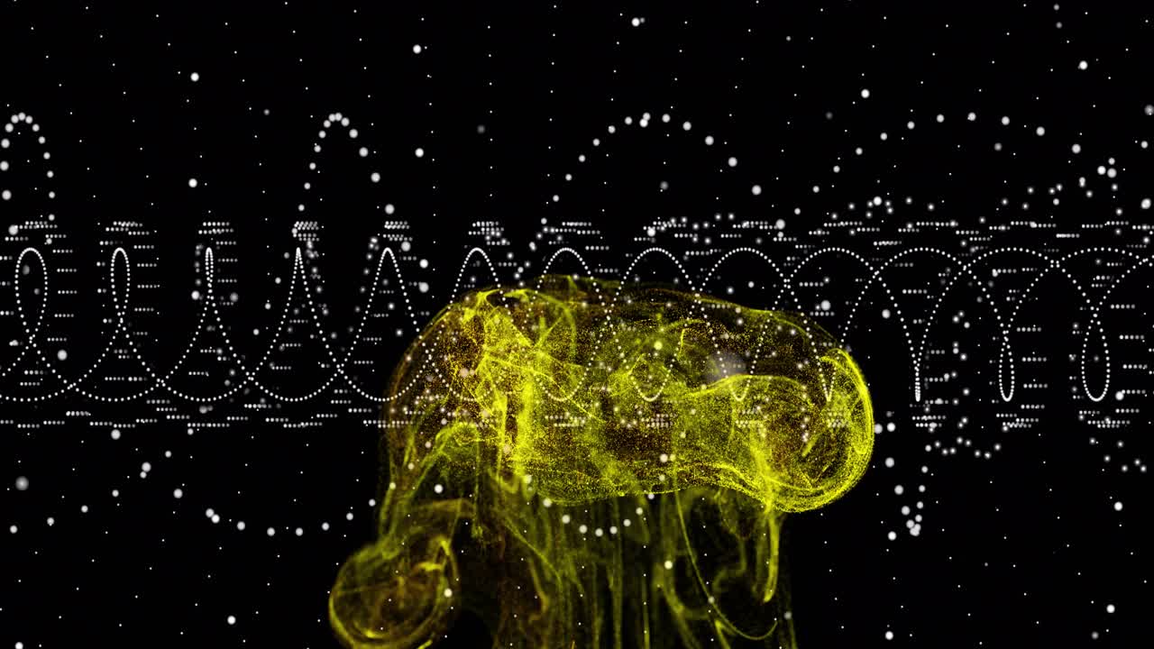 Emerging yellow plume rising and growing into threads while dotted waveform oscillating for data