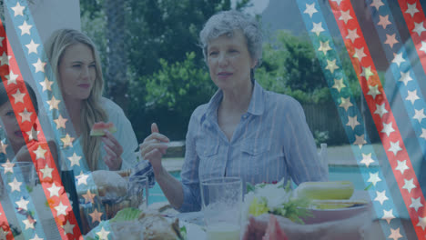 Animación-De-Rayas-Con-Estrellas-Durante-Tres-Generaciones-De-Mujeres-Caucásicas-Comiendo-En-El-Jardín