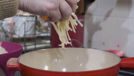 fondue - throwing shredded cheese onto pot for preparation, slow motion