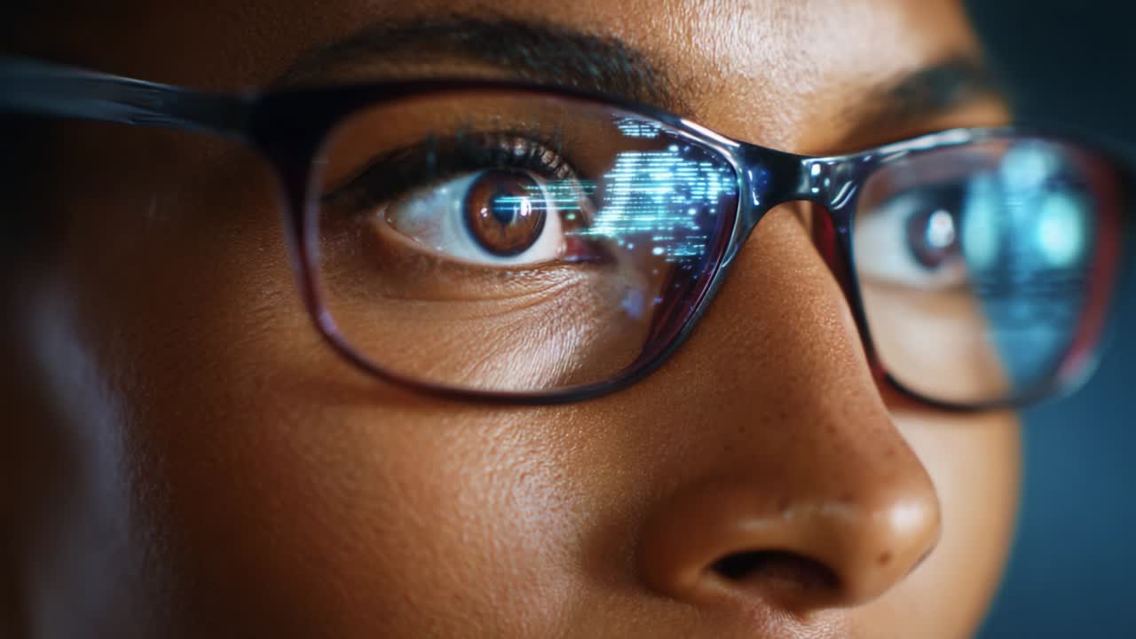 Engaged Focus: A Close-Up of Eyes Behind Glasses Displaying Digital Data Stream Reflections, Highlighting Intense Concentration and the Modern Intersection of Technology and Vision