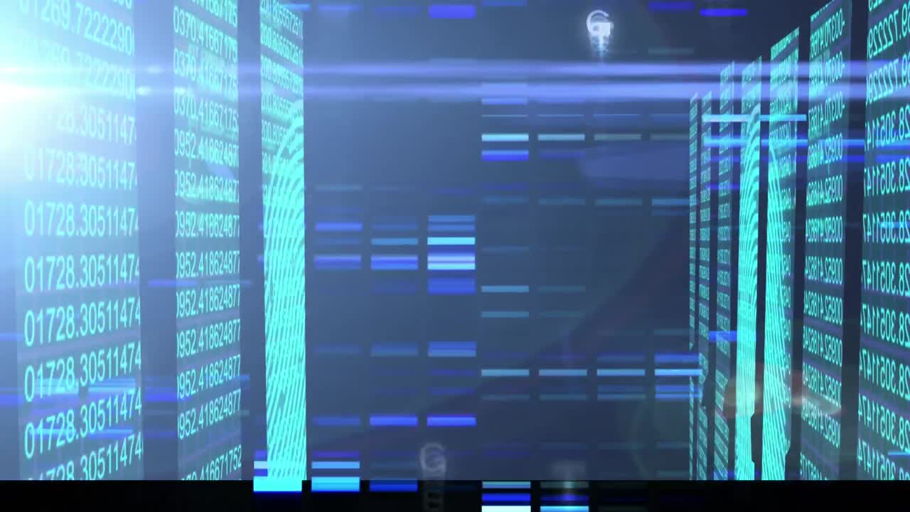 Animation of flickering blue rectangles floating over numbers processing