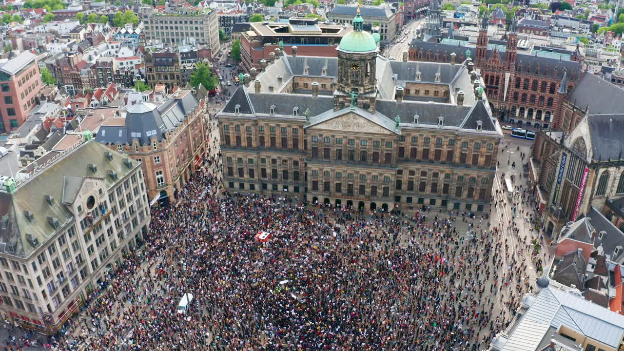 People Gathered At The Dam Square For The BLM Anti-Racism Protest In Amsterdam, Netherlands - aerial drone global solidarity action with minneapolis