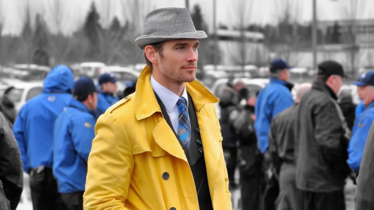 A sharply dressed individual in a vibrant yellow coat and stylish hat stands out in a crowd, showcasing fashion sensibility amidst a busy background of onlookers