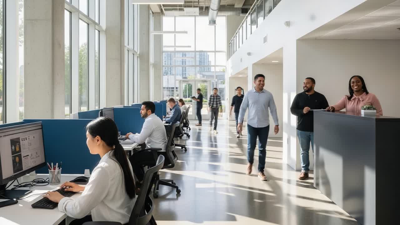 Diverse professionals working and collaborating in a modern office environment