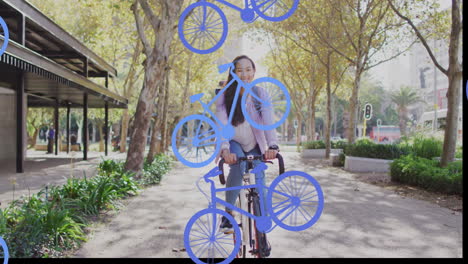 animación de iconos de bicicletas púrpuras sobre mujer biracial en bicicleta en la ciudad.