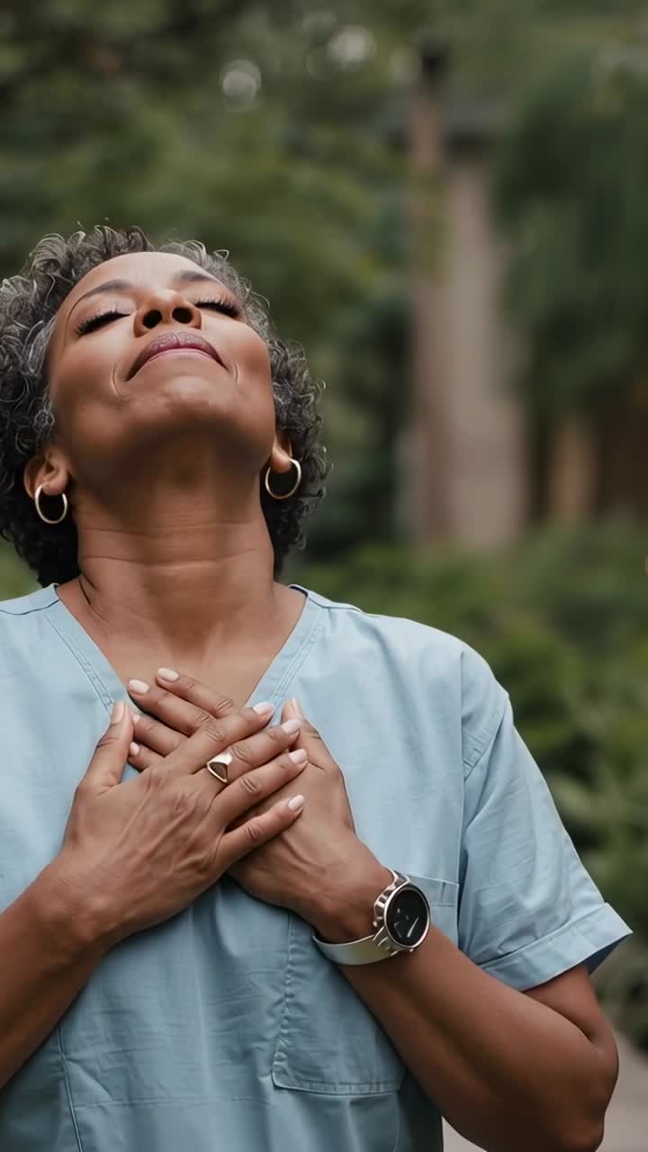 Video verticale: Un'infermiera in divisa blu con l'orologio si prende un respiro, alzando lo sguardo e cercando la calma in un giardino.