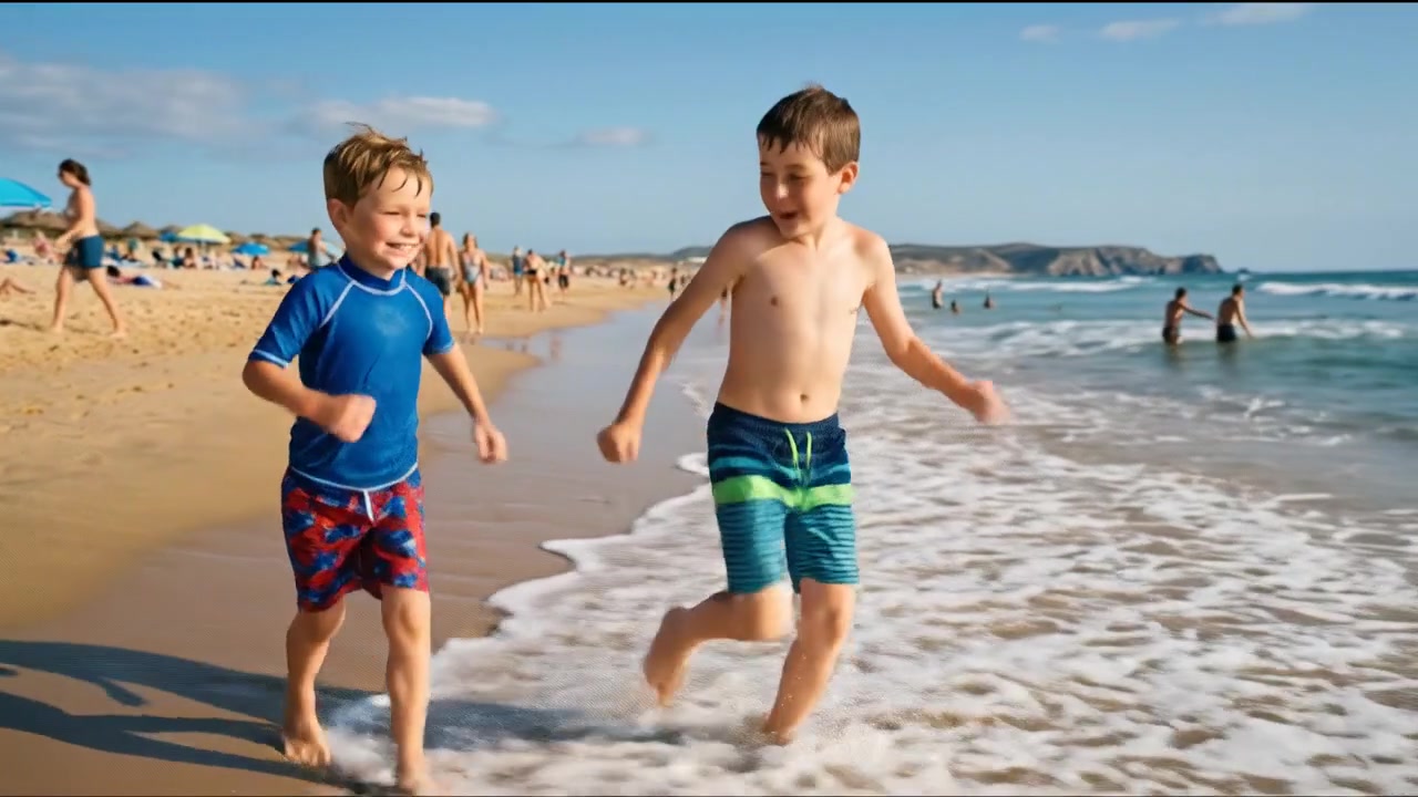 Group of children running and playing on the sandy shore at the beach