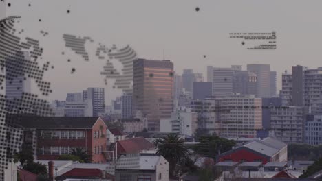animation of world map and data processing over cityscape