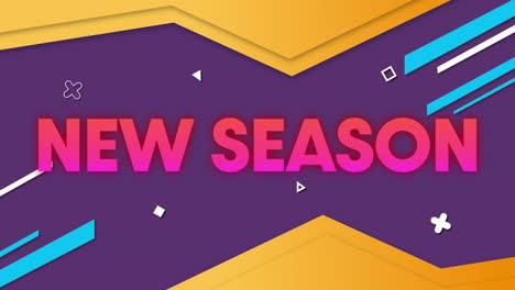 animation of new season in pink text over yellow and blue geometric shapes and network on purple