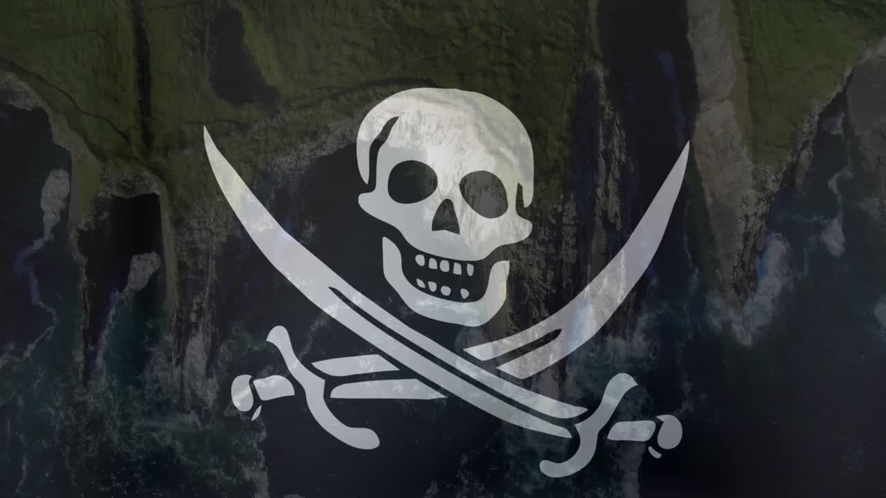 Animation of pirate's flag waving over coast and sea