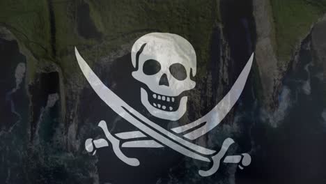 animation of pirate's flag waving over coast and sea