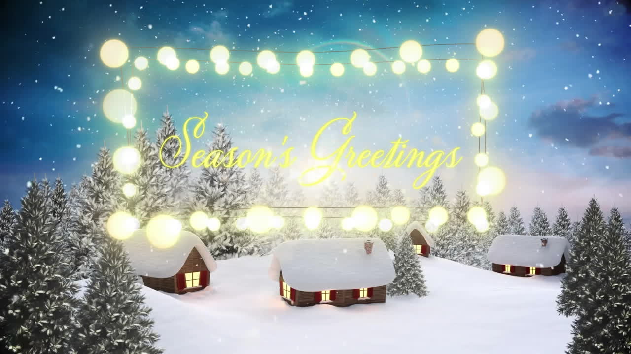 Snowy village scene with Season's Greetings text and glowing lights animation