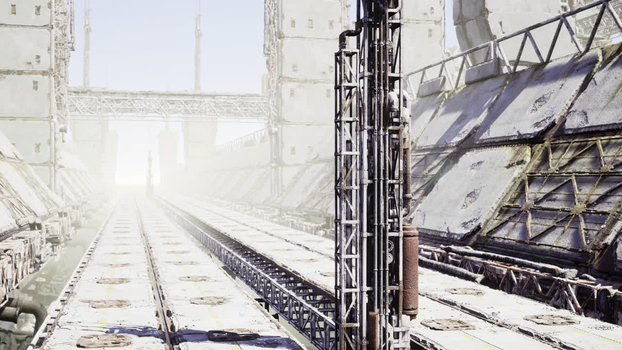 заброшенный промышленный ландшафт с разрушенными сооружениями и туманом