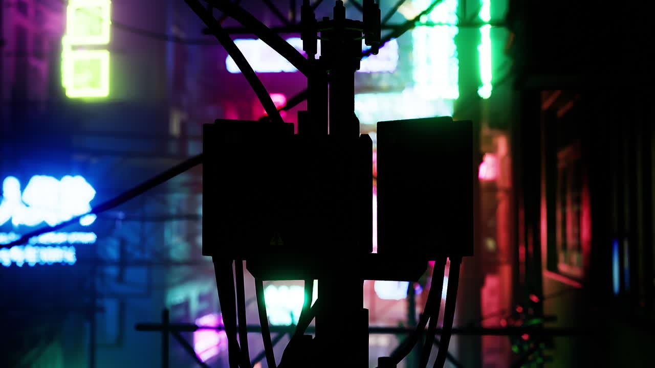 Vibrant city lights illuminate a narrow street at night with power lines