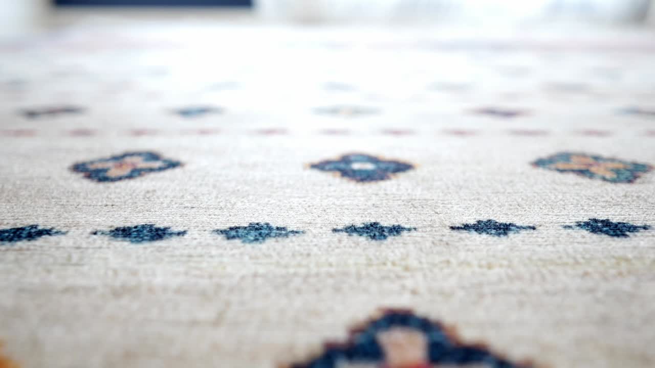 cerca de una alfombra de patrones florales blancos y azules