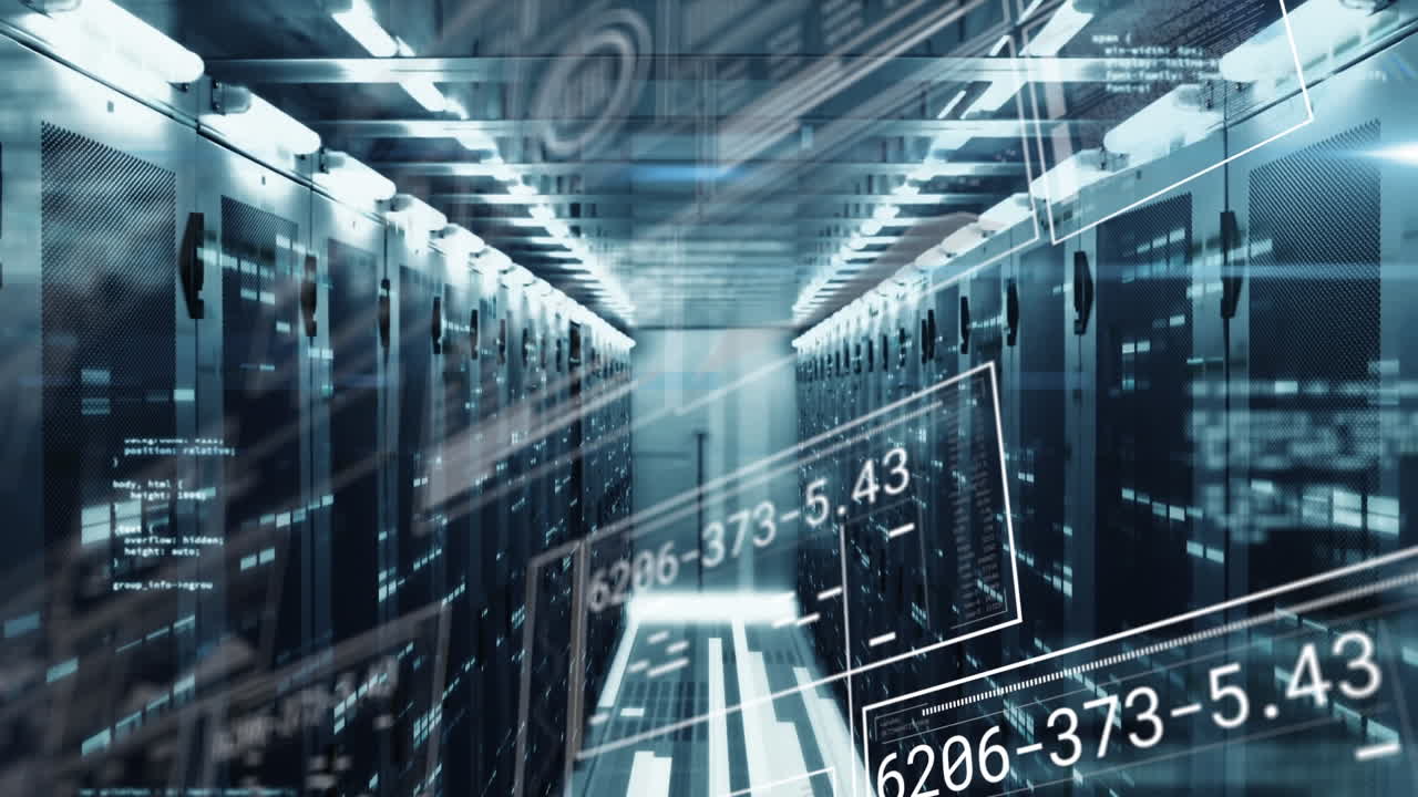 Animation of interface with data processing and mosaic squares against computer server room