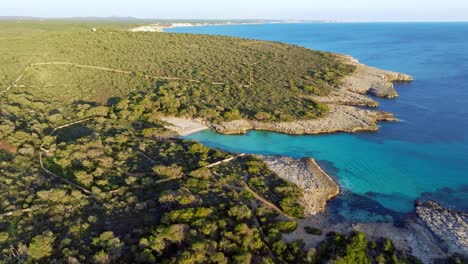 vista aérea de la playa virgen de es talaier con agua azul clara en menorca españa