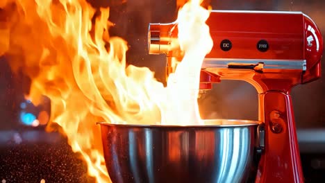 a red stand mixer with flames coming out of it