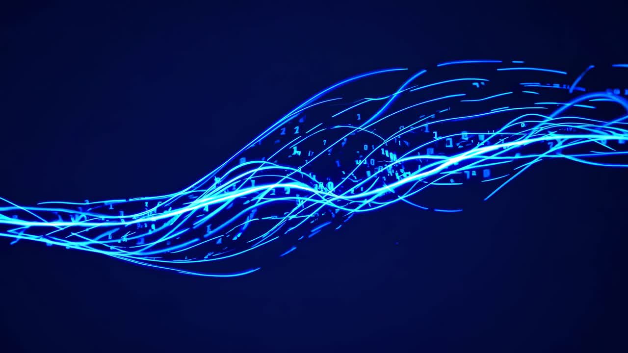 Dynamic abstract video concept with glowing blue lines and binary code