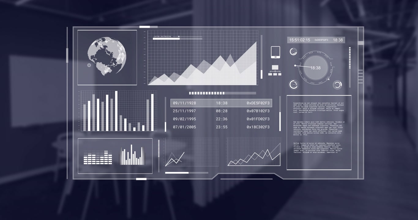Animation of globe and data processing over screen and office