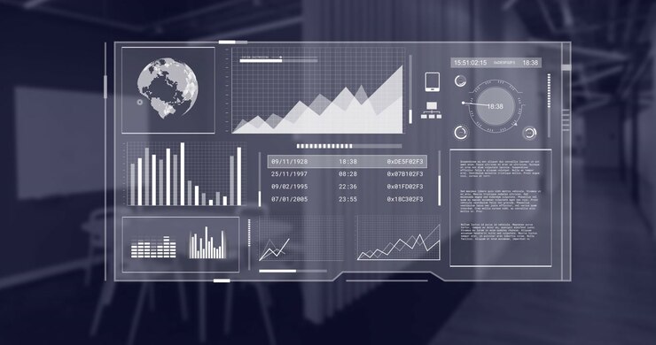 Animation of globe and data processing over screen and office