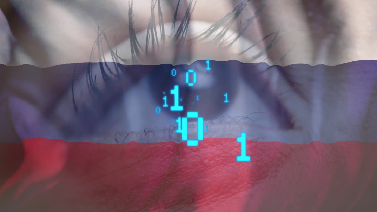 러시아 국기 색상과 함께 눈의 클로즈업에 대한 이진 코드 애니메이션