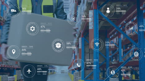 animation of data processing and media icons over caucasian male worker working in warehouse