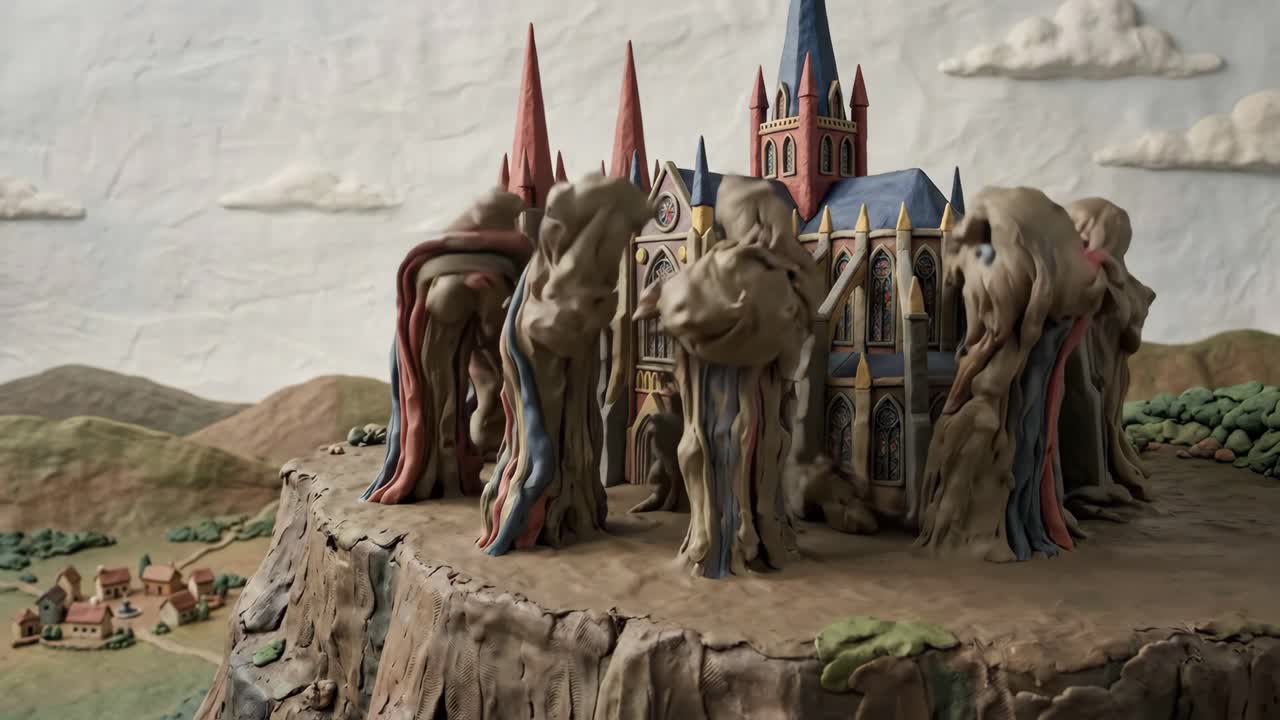 Claymation Cathedral Transformation on a Cliff