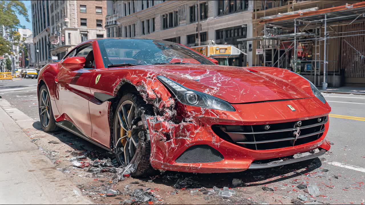 A Strikingly Damaged Red Sportscar with a Crushed Front End Parked on an Urban Street Amidst a Bustling City Scene