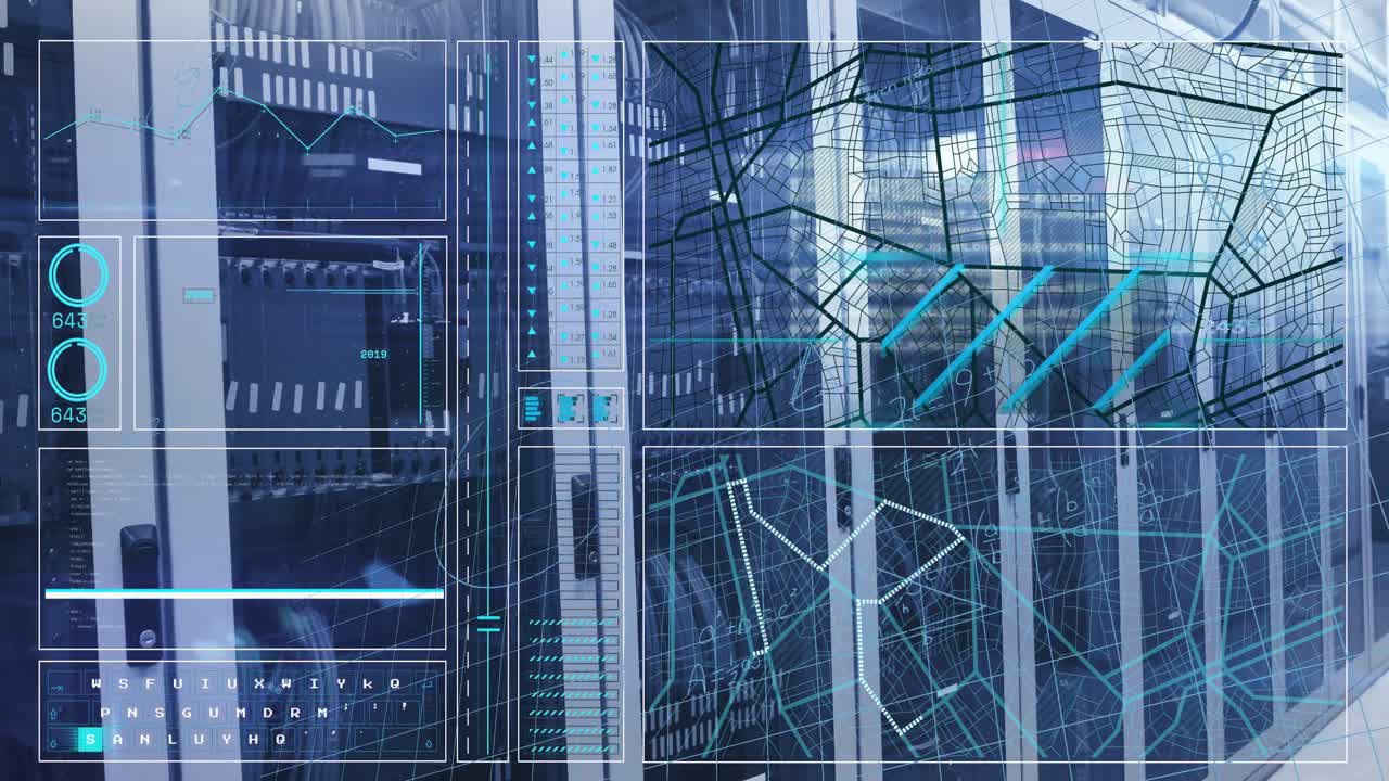 Animation of interface with data processing and mathematical equations against computer servers