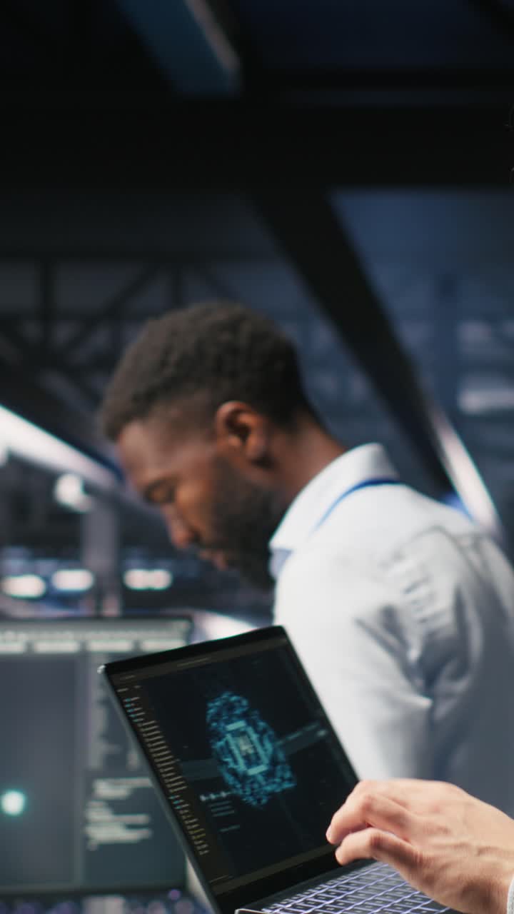Vertical video Server farm IT expert managing storage arrays supporting machine learning