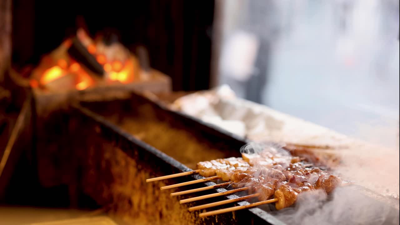 고기 스피어 가 뜨거운 불 에서 조리 되고 있다