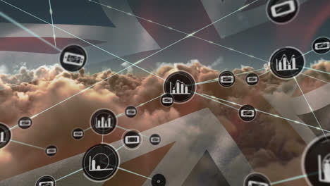 animation of network of connection and icons over uk flag and cloudy sky