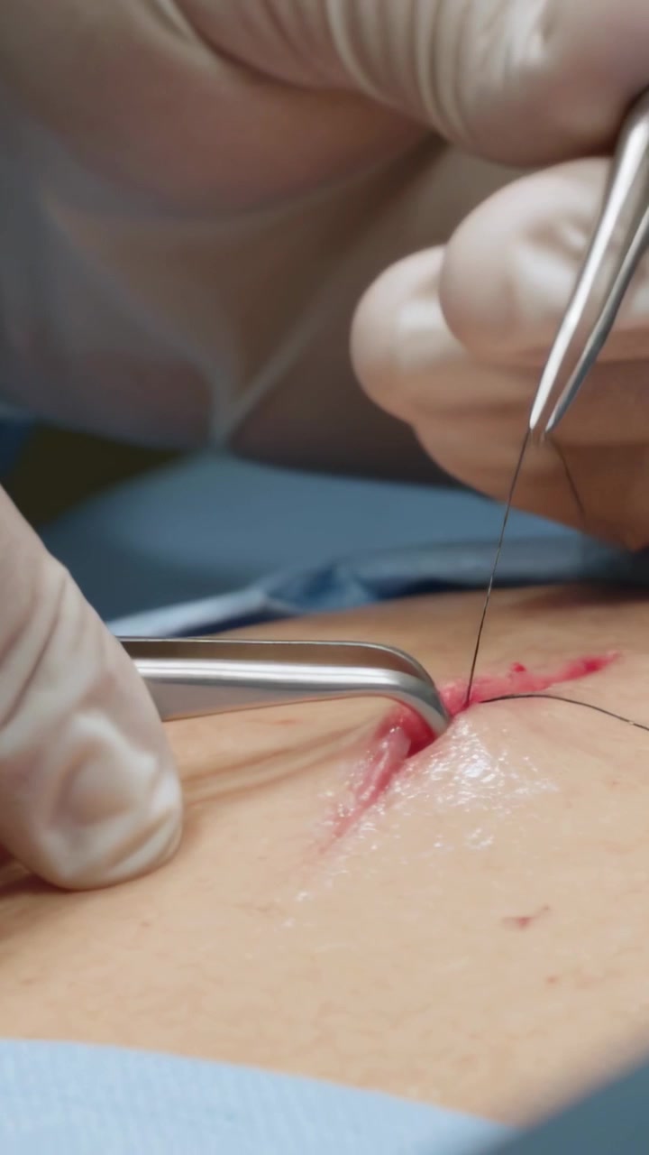 Video verticale: Retrazione di una ferita, mani guantate di un medico che chiudono un'incisione con un ago curvo in sala operatoria