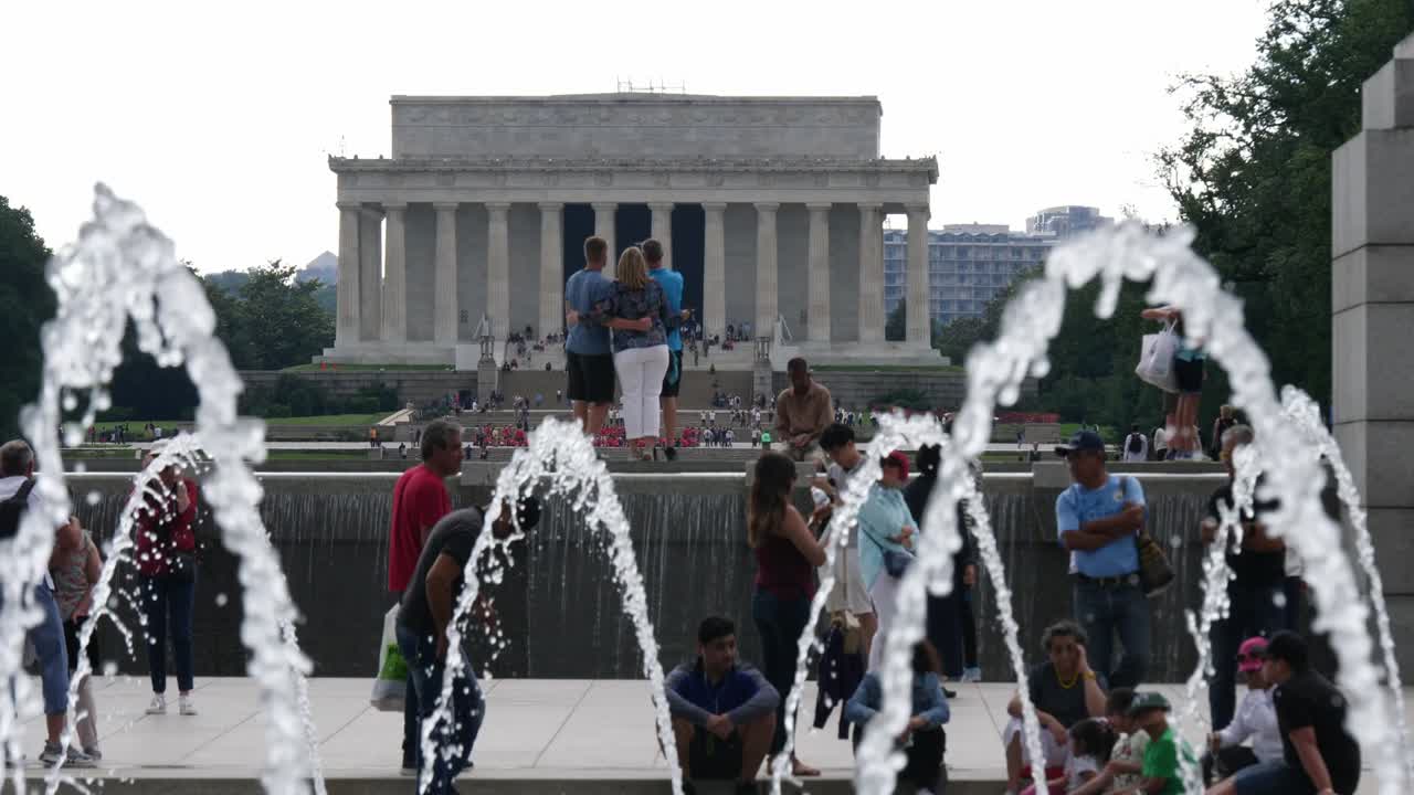 Tourists and Fountains at the Lincoln Memorial in Washington D.C.