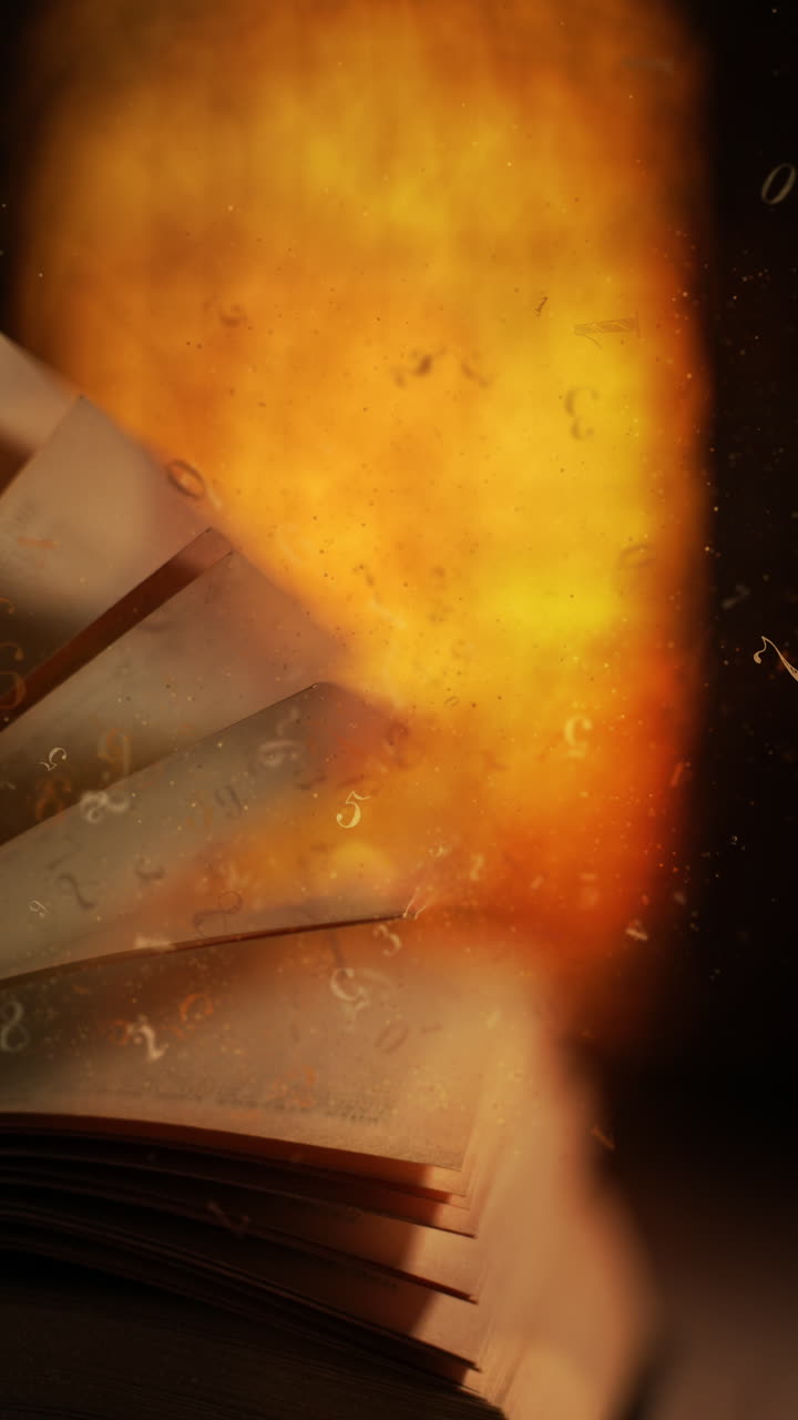 Close-up of an ancient book opened on a wooden table with a sparkling golden background. With magical power, magic, lightning around flying numbers. Looped. Vertical video.